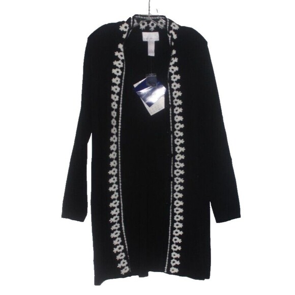 Susan Graver Open Cardigan Black White Embroidered Trim Sweater SZ L NWT - Picture 3 of 6